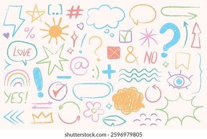 Message communication doodles, various hand drawn crayon shapes, colored pencils scribbles set. Abstract underlines, natural symbols, speech bubbles chat boxes, text notes vector illustration