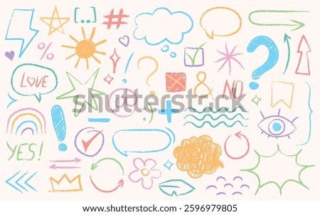 Message communication doodles, various hand drawn crayon shapes, colored pencils scribbles set. Abstract underlines, natural symbols, speech bubbles chat boxes, text notes vector illustration
