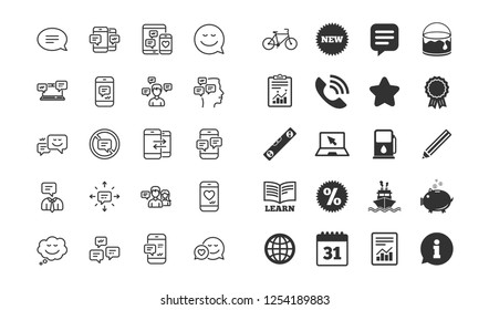 Message and Communication icons. Group chat, Conversation and Speech bubbles signs. SMS, Phone alert and Stop talking symbols. Information, calendar and call phone icons. Message vector