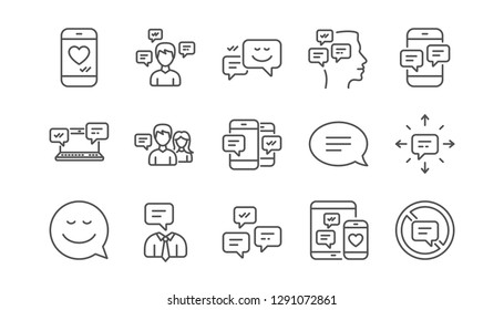 Message and Communication icons. Group chat, Speech bubble and Sms. Contact linear icon set.  Vector