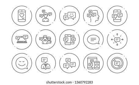 Message and Communication icons. Group chat, Speech bubble and Sms. Contact linear icon set. Line buttons with icon. Editable stroke. Vector