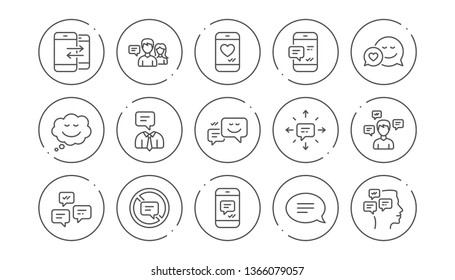 Message and Communication icons. Group chat, Speech bubble and Sms. Contact linear icon set. Line buttons with icon. Editable stroke. Vector