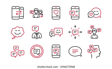 Message and Communication icons. Group chat, Speech bubble and Sms. Contact linear icon set. Linear set. Quality line set. Vector