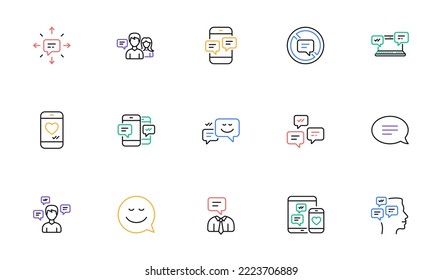 Message and Communication icons. Group chat, Speech bubble and Sms. Contact linear icon set. Bicolor outline web elements. Vector