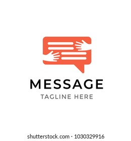Message communication logo design. Template symbol of human hands embracing chat bubble isolated. Social media messaging concept. Trendy flat vector illustration of web icon.