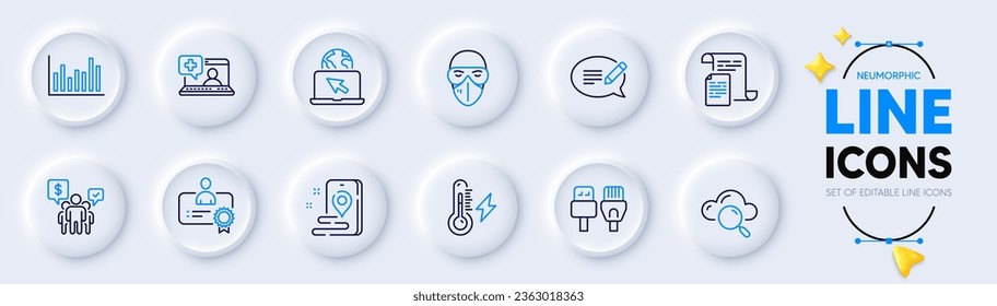 Message, Computer cables and Documents line icons for web app. Pack of Internet, Certificate, Teamwork pictogram icons. Medical help, Bar diagram, Medical mask signs. Electricity power. Vector