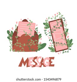 Message concept. Open mail envelop and phone screen with text. Vector illustration.