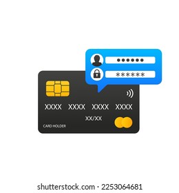 Un mensaje con un código de confirmación en una tarjeta bancaria. Tarjetas de crédito con contraseña. Protegida por contraseña, alertas de seguridad, acceso personal, autorización, tecnología de protección. Ilustración del vector