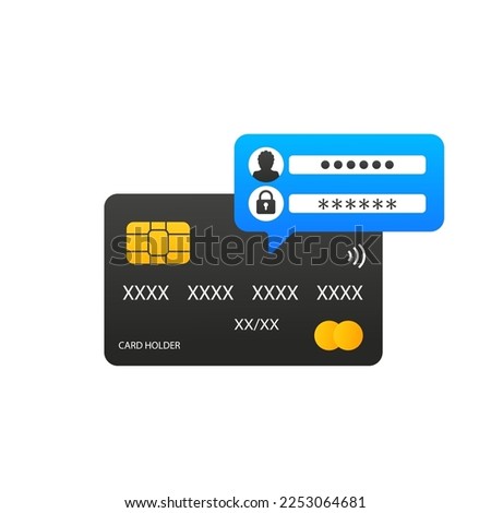 A message with a confirmation code on a bank card. Credit cards with password. Password protected, security alerts, personal access, authorization, protection technology. Vector illustration