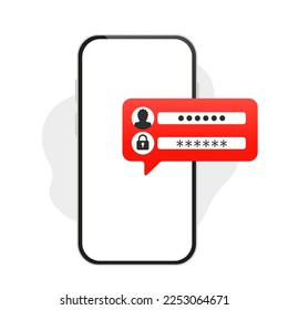 Un mensaje con un código de confirmación en tu smartphone. Teléfono con contraseña. Protegida por contraseña, alerta de seguridad de smartphone, acceso personal, autorización, tecnología de protección. Ilustración del vector