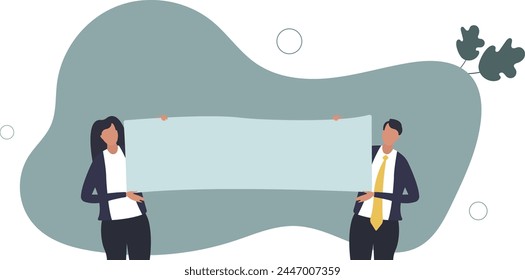 The message. Couple of two business persons holding panel. Place for your copy text.flat vector illustration.