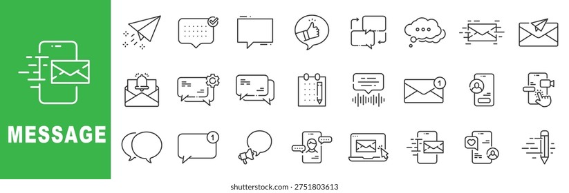 Message and digital communication outline icon set featuring chat bubbles, email inbox, notification alerts, voice messages, customer support, online messaging apps and feedback symbols in editable stroke line design

