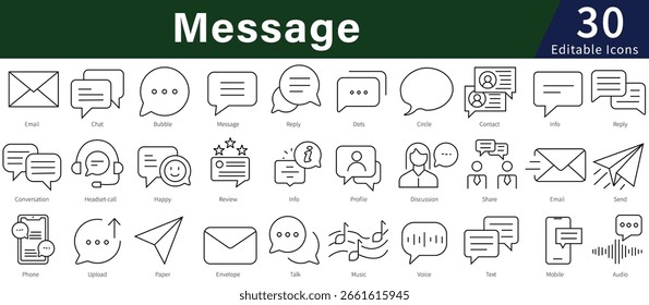 Message Editable Line Icons Set for Communication, Chat, Email, and Text Messaging