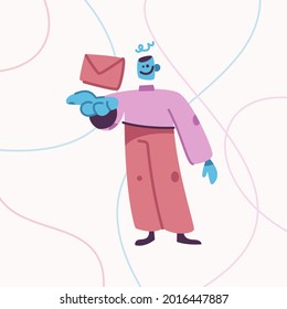 Message and email service concept. Happy male mascot holding letter sign on hand. Cute guy sends messages. Online communication, social media. Vector illustration with abstract drawing character