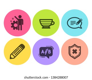 Message, Employee and Ab testing icons simple set. Cappuccino, Pencil and Reject protection signs. Speech bubble, Cogwheel. Flat message icon. Circle button. Vector