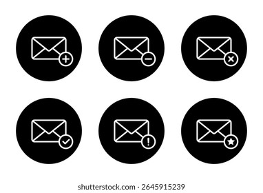 Message envelope, email icon set collection. Add, remove, delete, verified, error, and favorite mail symbol on black circle