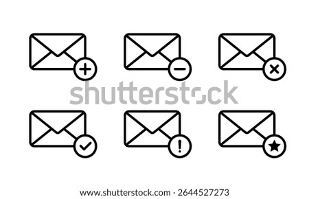 Message envelope, email icon set collection. Add, remove, delete, verified, error, and favorite mail symbol