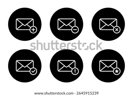 Message envelope, email icon set collection. Add, remove, delete, verified, error, and favorite mail symbol on black circle