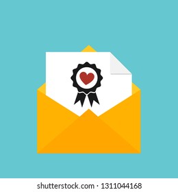 Message envelope and heart in badge with ribbons icon 