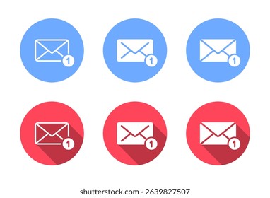 Message envelope notification icon set with long shadow. Email, mail sign symbol