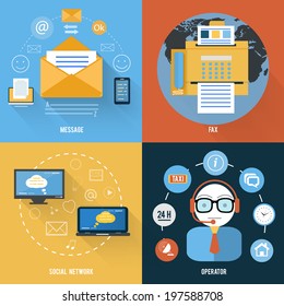 Message, fax, social network and support icons in flat design. Set for web and mobile applications of office work