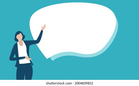 The message. Female manager points at speech bubble. Place for your copy text. Business vector illustration