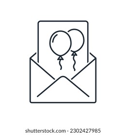 Message with festive flying balloons. Congratulation letter. Vector linear icon isolated on white background.