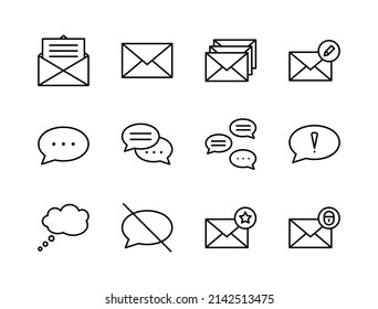 Message flat line icons set. Contains such icons Post letter, envelope, chat speech bubble, mail. Simple flat vector illustration for web site or mobile app.