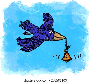 Message. The flying bird with a hand bell. Vector cartoon