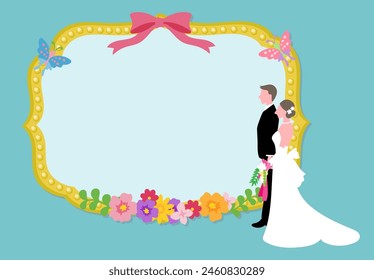 Message frame decorated with flowers and wedding bride and groom
