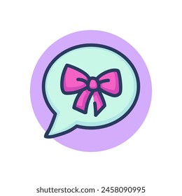 Mensaje con el icono de la línea de la cinta de regalo. Burbuja de chat con arco, sueño, signo de esquema de descuento. Sorpresa, presente, concepto de comunicación. Ilustración vectorial, elemento simbólico para el Diseño web
