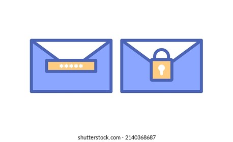 protección de mensajes, contraseña de mensajes. los mensajes de correo electrónico están bloqueados y con candado. seguridad y protección. iconos y símbolos. ilustración de caricatura plana. diseño conceptual. , página de inicio, ui.