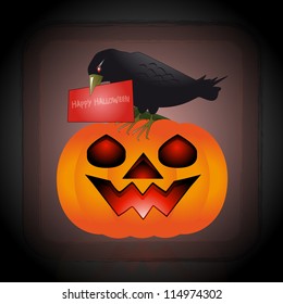 Message of Halloween : An illustration of a raven perched on a pumpkin, it has its beak a message very important for halloween.