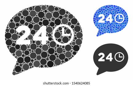 Message hours composition of filled circles in various sizes and color tints, based on message hours icon. Vector filled circles are organized into blue composition.