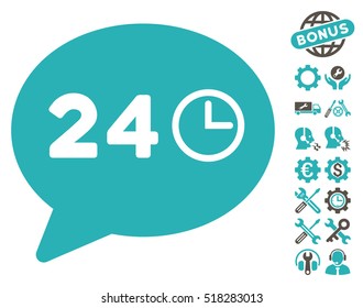 Message Hours icon with bonus configuration graphic icons. Vector illustration style is flat iconic grey and cyan symbols on white background.
