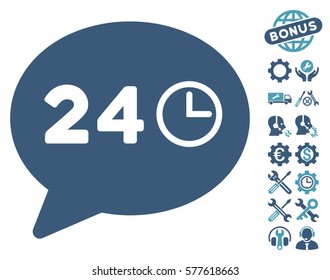 Message Hours icon with bonus configuration graphic icons. Vector illustration style is flat iconic cyan and blue symbols on white background.