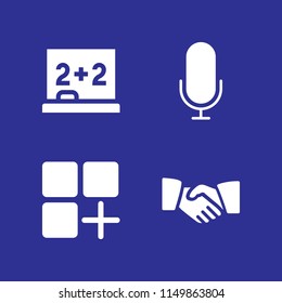 message icon. 4 message set with microphone, app, blackboard and hand shake vector icons for web and mobile app