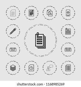 Message icon. collection of 13 message outline icons such as resume, paper, pen, document, paper pin, sold tag, room tag. editable message icons for web and mobile.