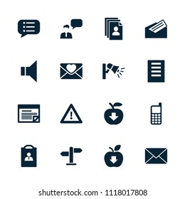 Message icon. collection of 16 message filled icons such as warning, love letter, megaphone, letter, plan, direction. editable message icons for web and mobile.