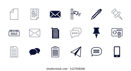 Message icon. collection of 18 message filled and outline icons such as paper airplane, chat, pen, pin, phone, check list. editable message icons for web and mobile.
