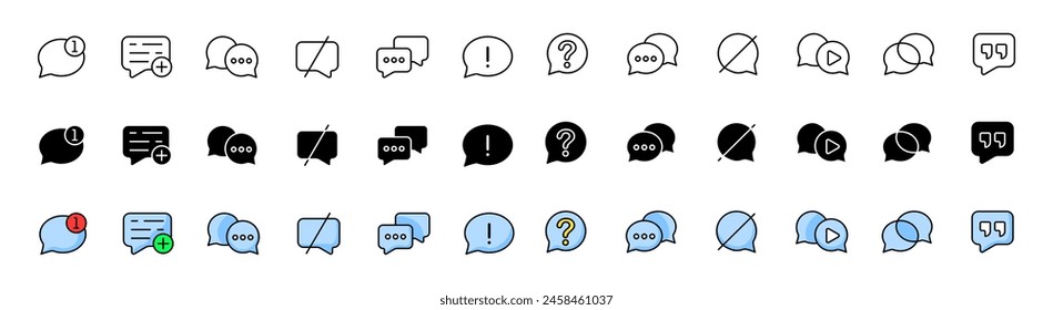 Message icon collection. Speech bubbles icons. Linear, silhouette and flat style. Vector icons