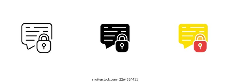 Message icon with lock sign. Online blocking by IP, ban on chatting, stop bullying. Vector set of icons in line, black and colorful styles isolated on white background.