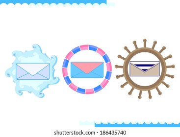 Message Icon in marine design. Emblem. Mail, letter. Internet. Vector illustration. Abstract pattern.