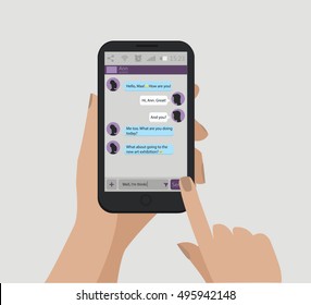 Message icon. Mobile phone. Vector illustration. Hand holding smart phone. Messenger window.