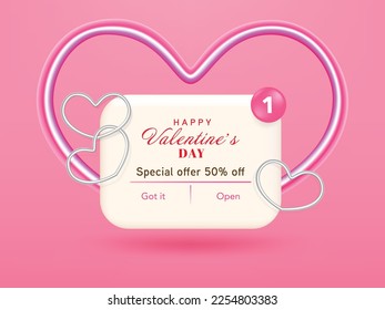 Message icon notification special offer metal hearts on pink background.