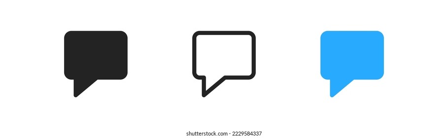 Message icon on white background. Square empty speech bubbble. Chatting online, forum symbol. Blue colored SMS sign. Dialogue baloon, talk pictogram. Simple flat design. Vector illustration.