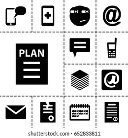 Message icon. set of 13 filled messageicons such as paper, rolling eyes emoji, calendar, old phone, at email, bill of house, plan, message on phone, hand on smartphone, mail