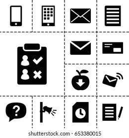 Message icon. set of 13 filled messageicons such as megaphone, document, phone, envelop, calendar on phone, mail, apple download, exclamation