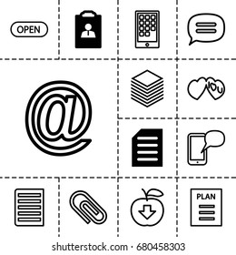 Message icon. set of 13 filled and outline message icons such as document, resume, i love you, paper, chat, open, plan, calendar on phone, message on phone, apple download