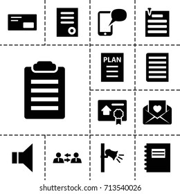 Message icon. set of 13 filled message icons such as document, love letter, megaphone, paper pin, bill of house sell, plan, envelop, message on phone, communication, notepad